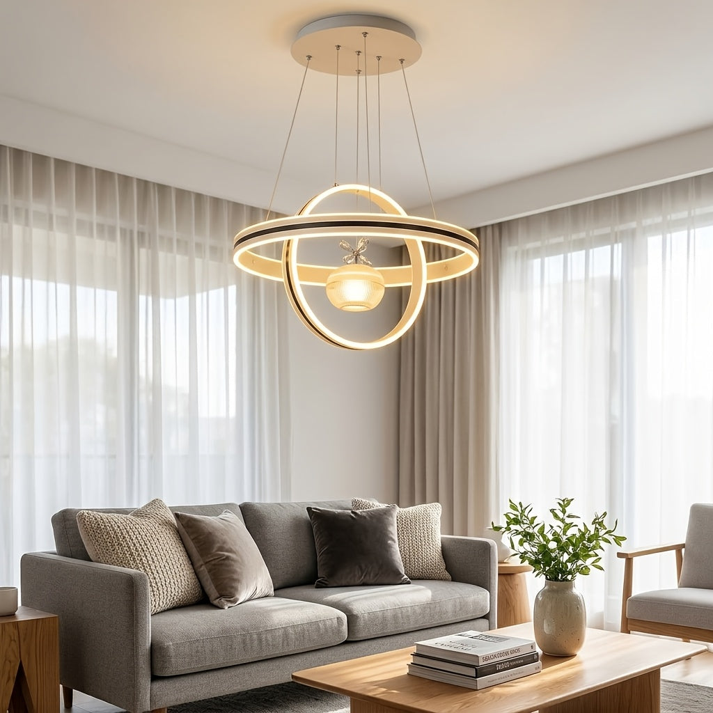 Lustre LED à deux anneaux croisés et globe fleuri, Ø 45 cm