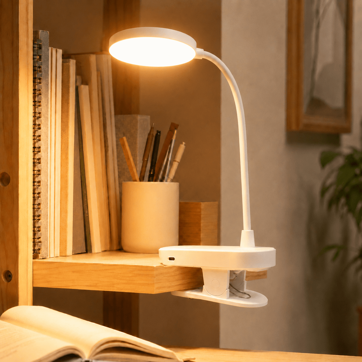Lampe à pince à piles ou USB, tête ronde blanche de 8 cm