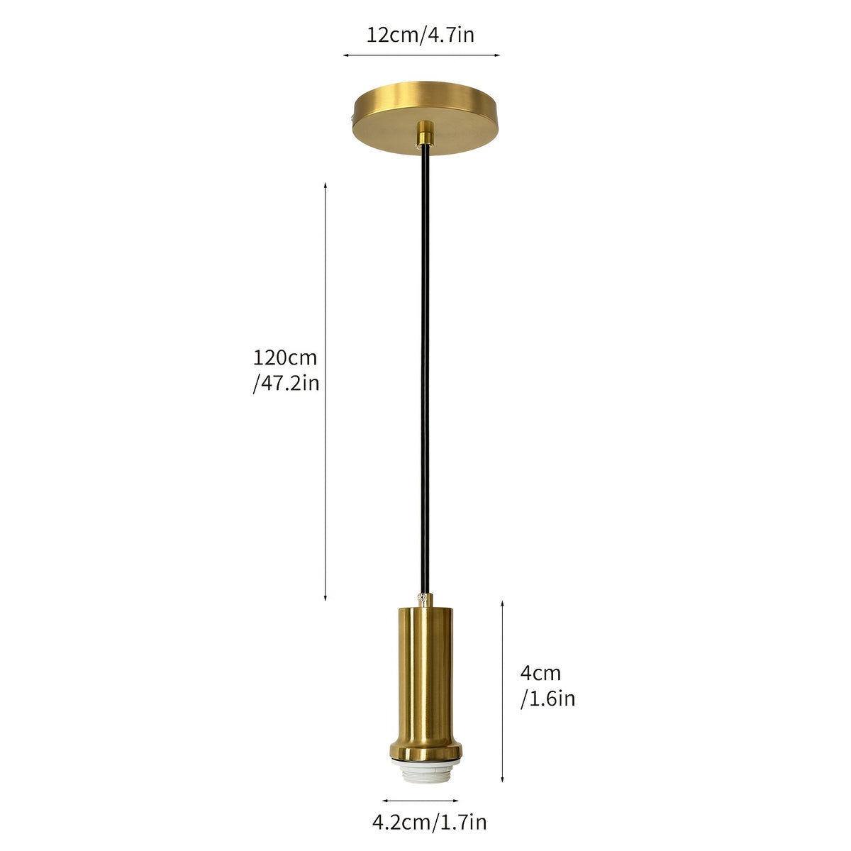 Suspension douille dorée brossée, câble 120 cm et rosace Ø 12 cm