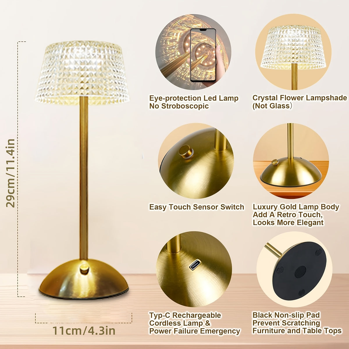 Lampe de chevet sans fil dorée, abat-jour taillé en pointes de diamant