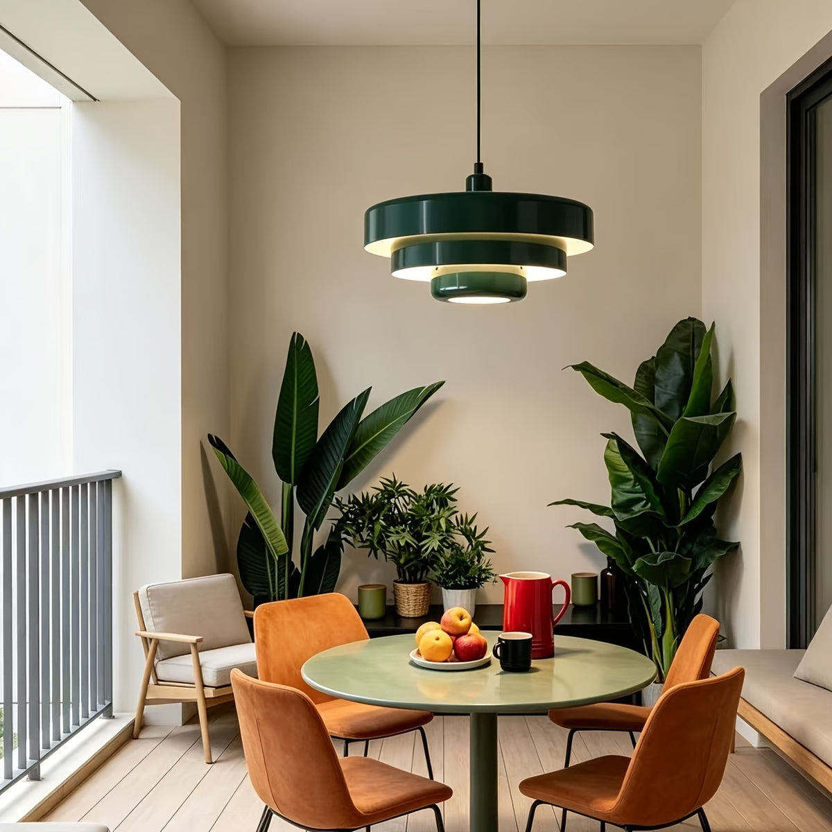 Suspension style Bauhaus vert sapin à trois disques étagés, Ø 34 cm