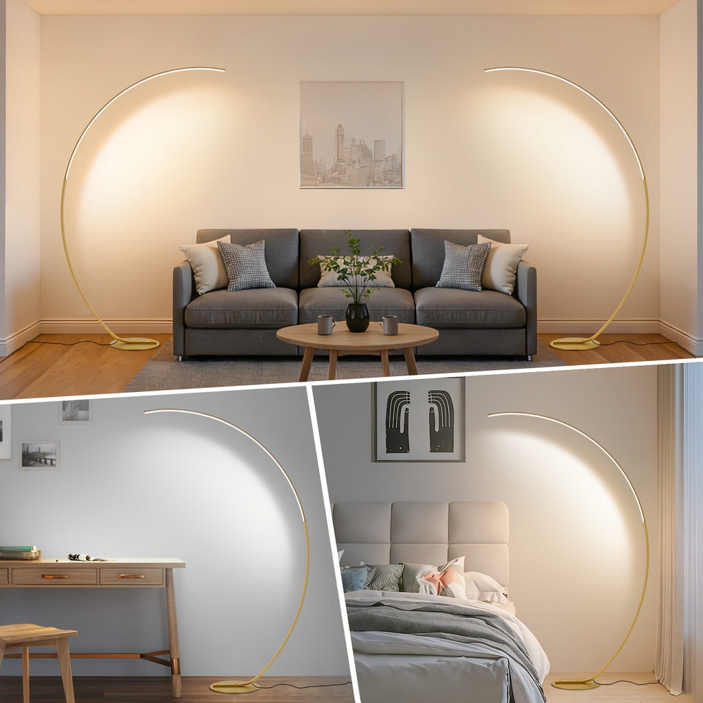 Lampadaire arc LED 165 cm, trois teintes et variateur, doré ou blanc