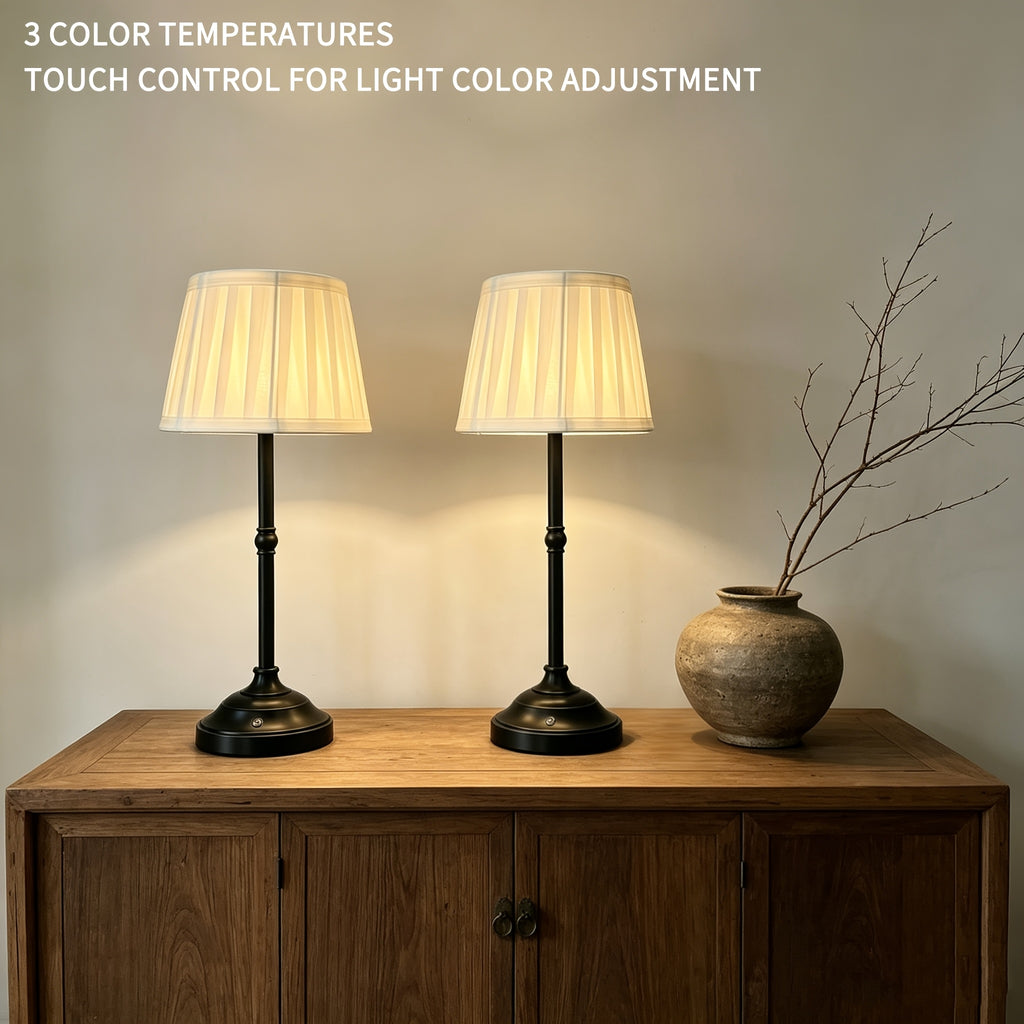 Lot de 2 lampes de chevet sans fil, abat-jour plissé crème