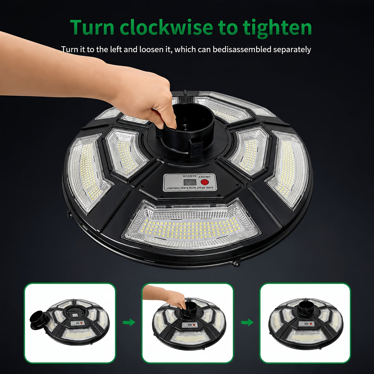 Tête de lampadaire solaire Ø 42 cm, 750 LED, détecteur de mouvement