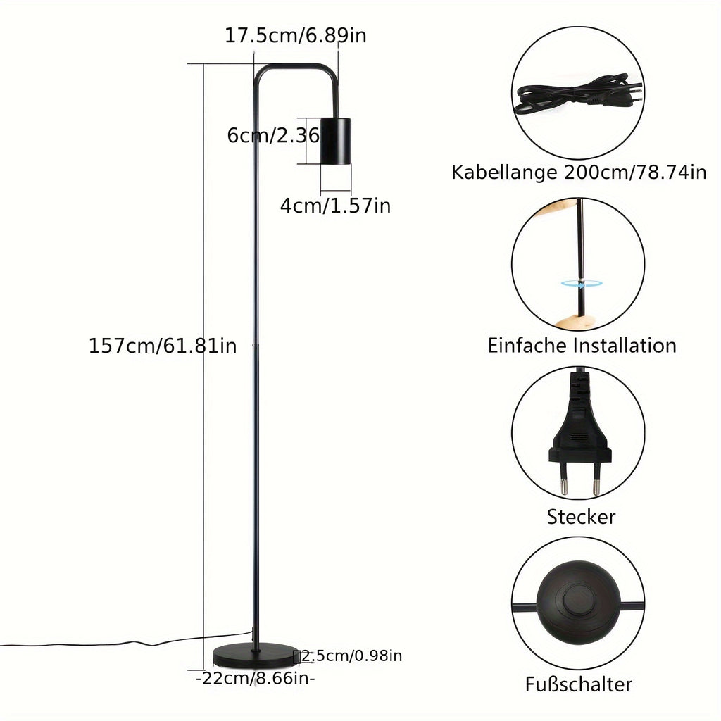 Lampadaire noir col de cygne à ampoule apparente E27, 157 cm