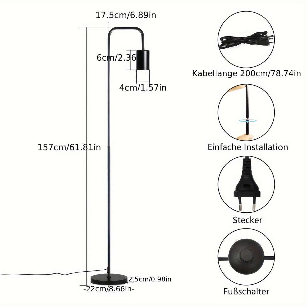 Lampadaire noir col de cygne à ampoule apparente E27, 157 cm