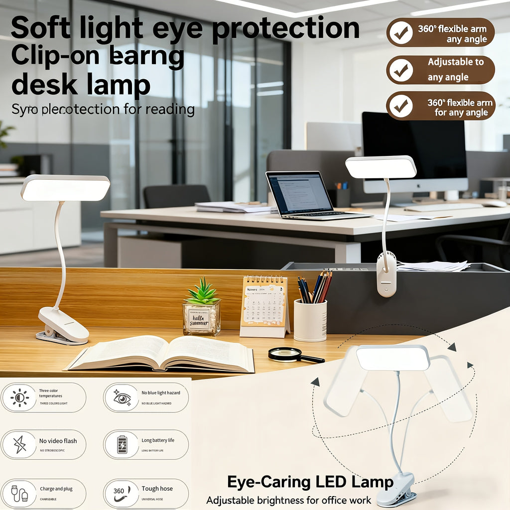 Lampe de bureau à pince rechargeable à tête rectangulaire, tactile