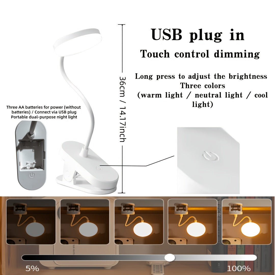 Lampe à pince tactile blanche à piles ou USB, col de 36 cm