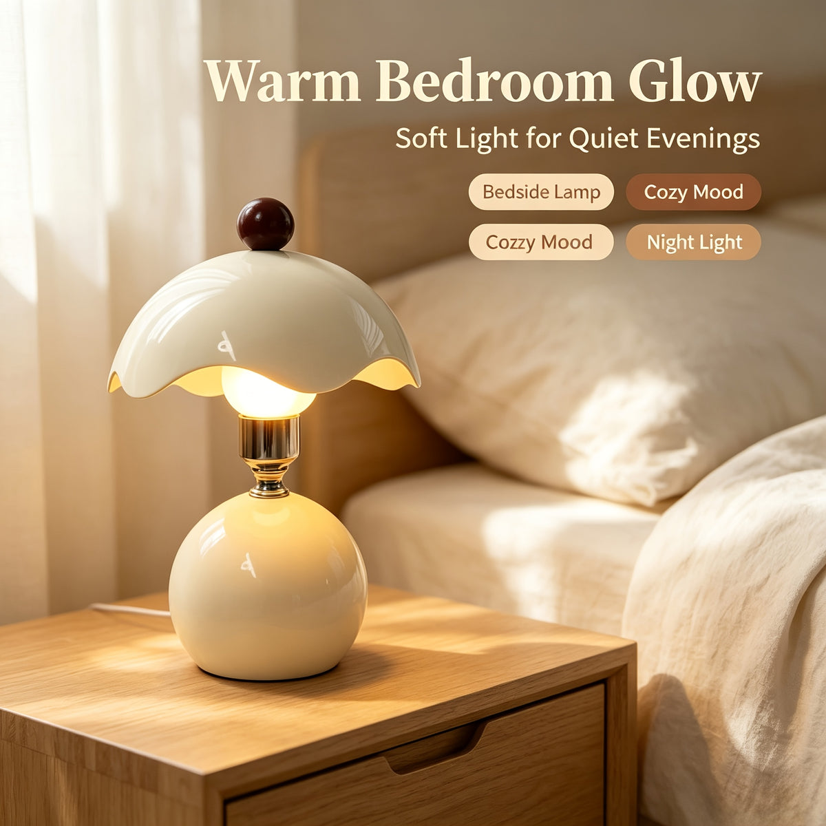 Lampe champignon crème en métal, chapeau ondulé et bouton rouge