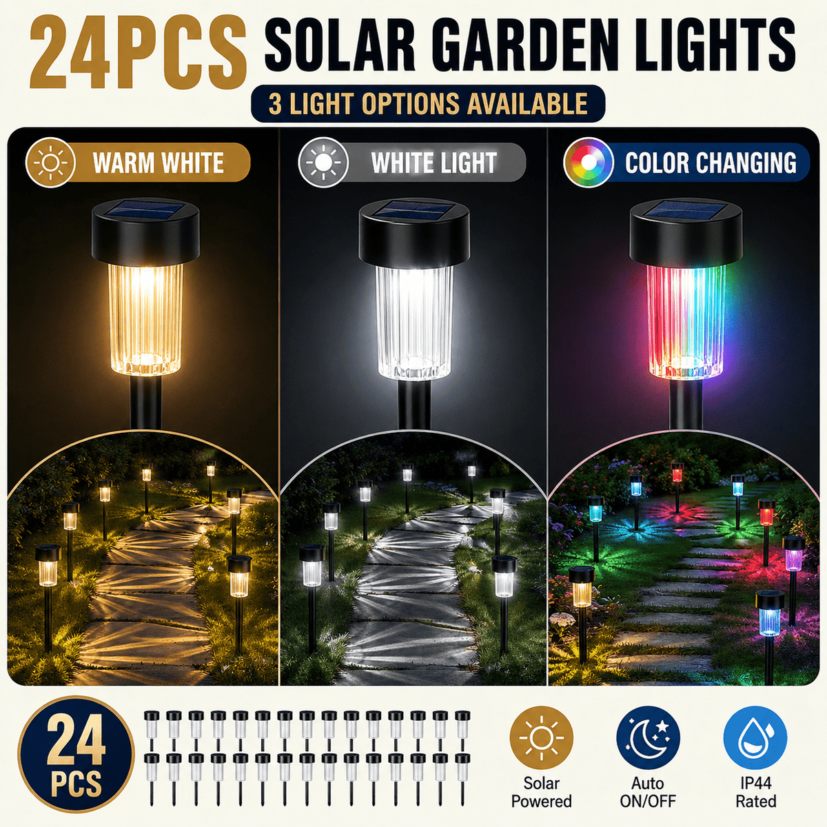 Lot de 24 balises solaires de jardin noires à 3 lumières, IP44