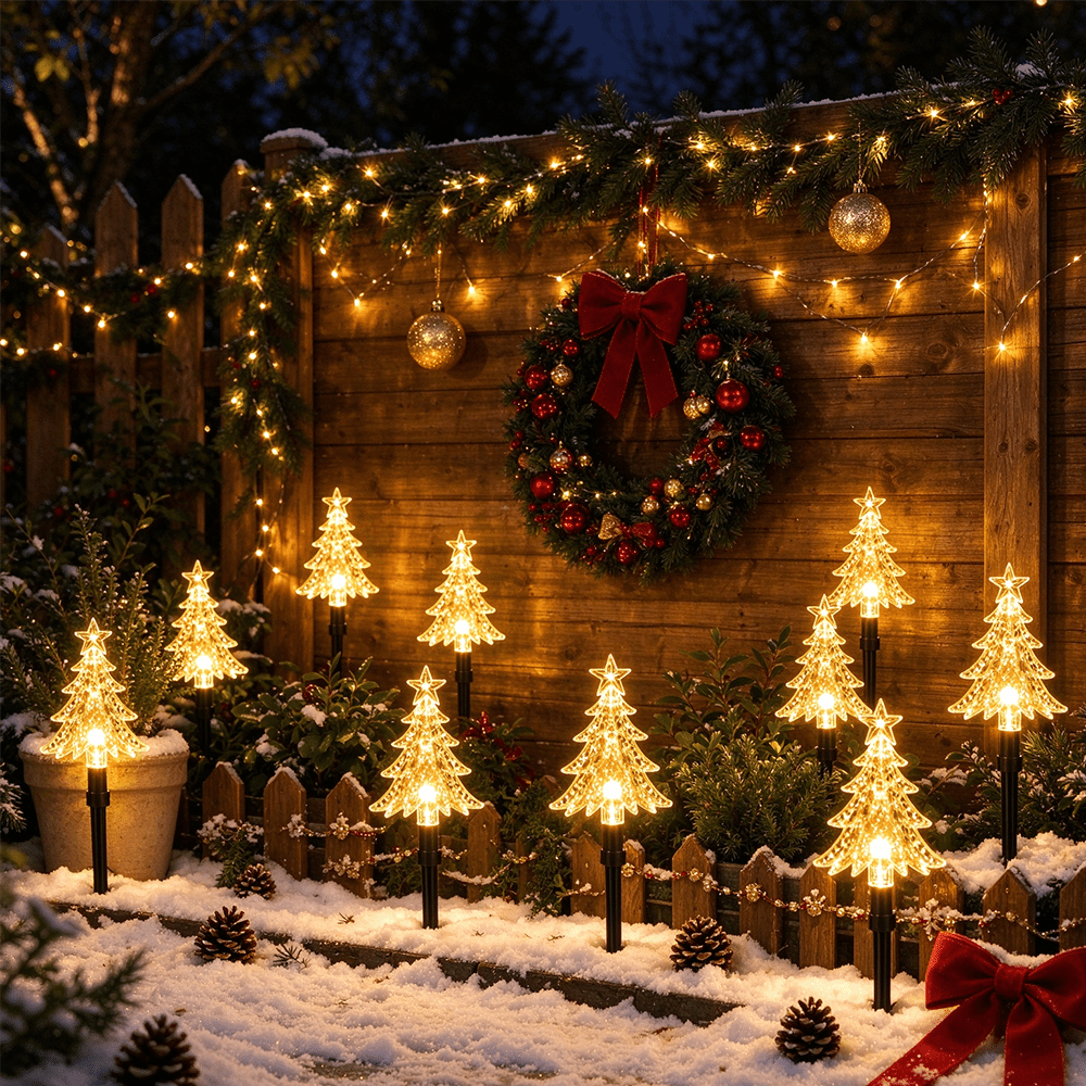 Lot de 10 sapins lumineux LED sur piquet, à piles, vert ou jaune