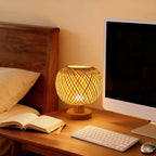 Lampe de chevet boule en bambou tressé croisé, 22 cm, câble USB