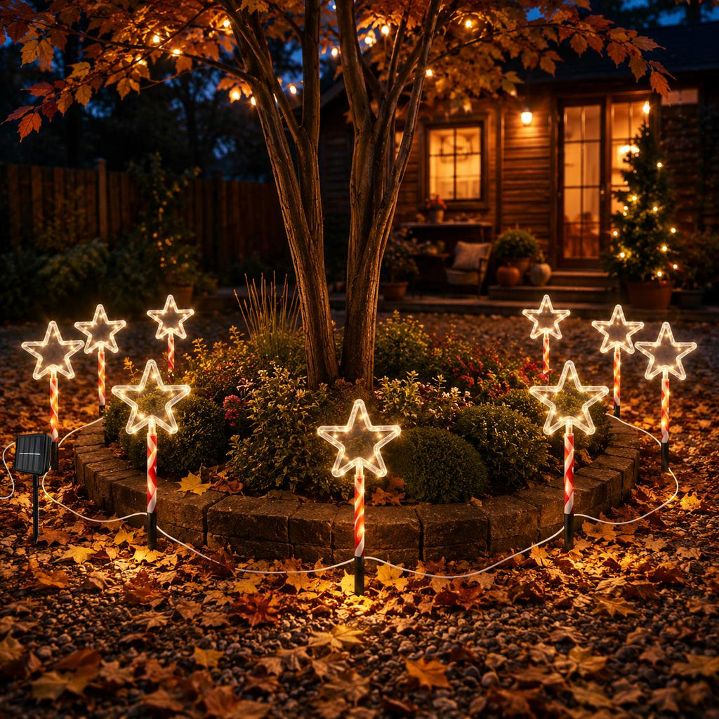 Guirlande solaire de Noël à 5 étoiles sur piquets sucre d'orge