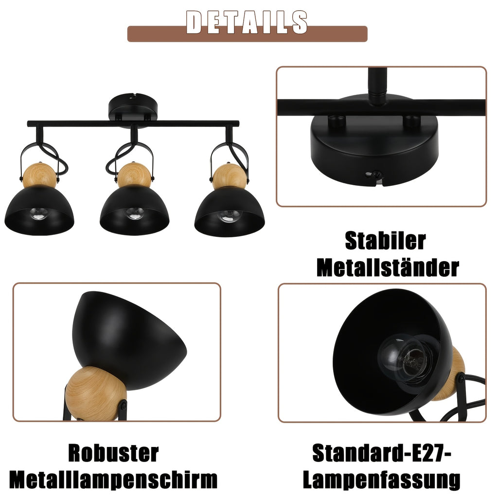 Spot de plafond rétro 3 ou 4 dômes orientables, rotule bois, E27