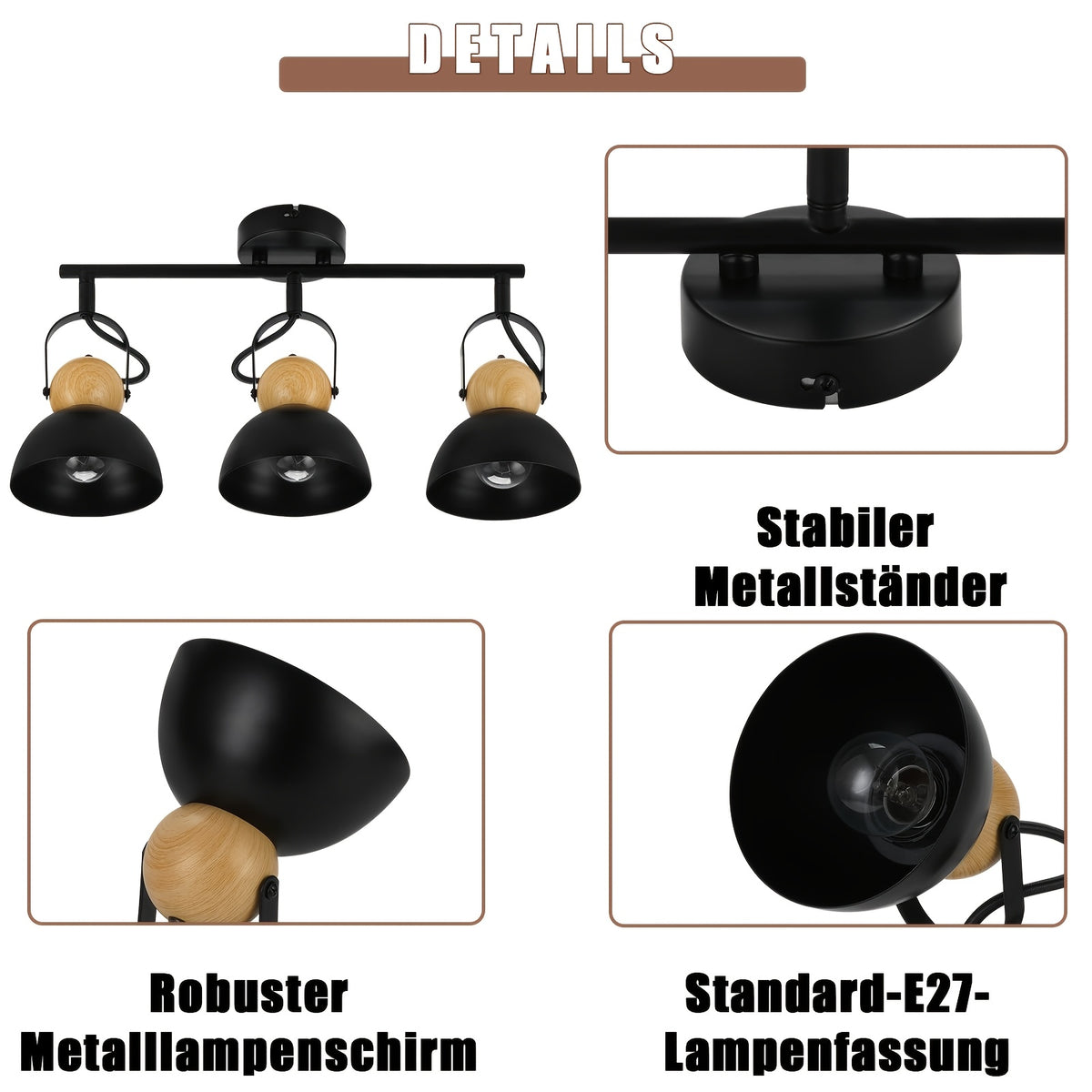 Spot de plafond rétro 3 ou 4 dômes orientables, rotule bois, E27