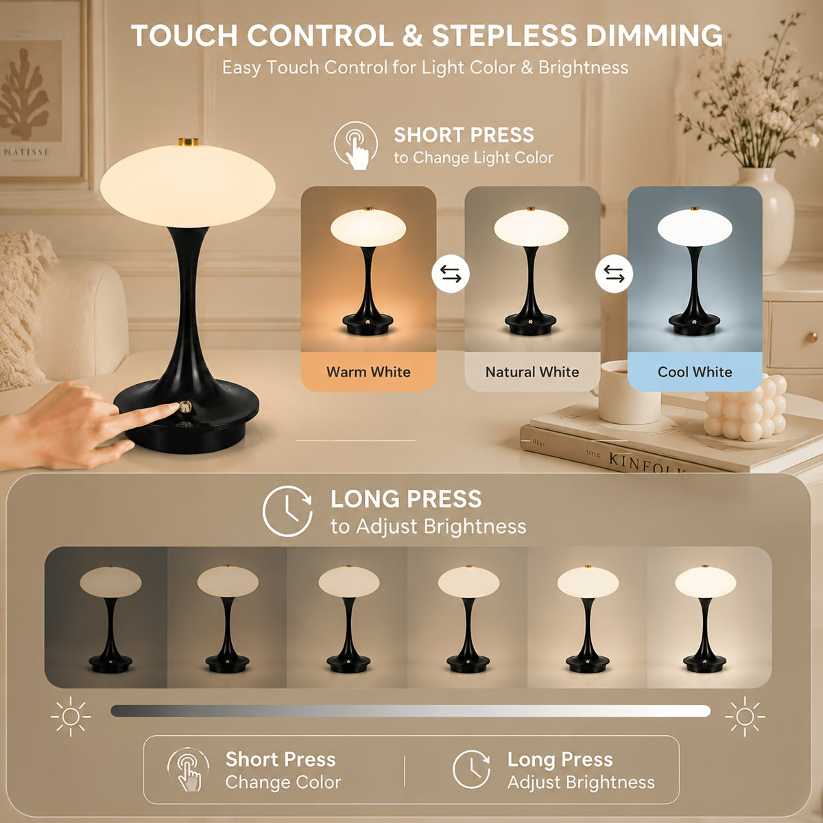 Lampe champignon sans fil à dôme opalin, pied orange, noir ou blanc
