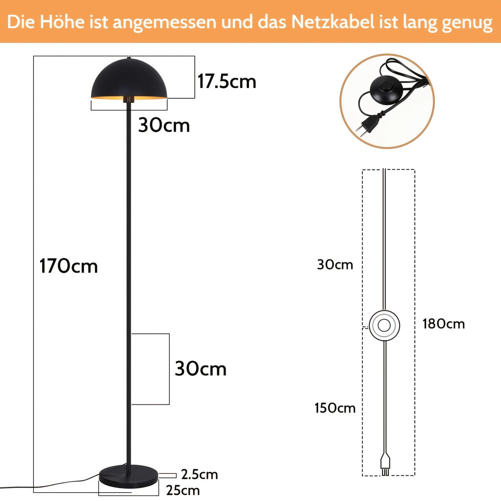 Lampadaire dôme noir à intérieur doré de 170 cm, douille E27