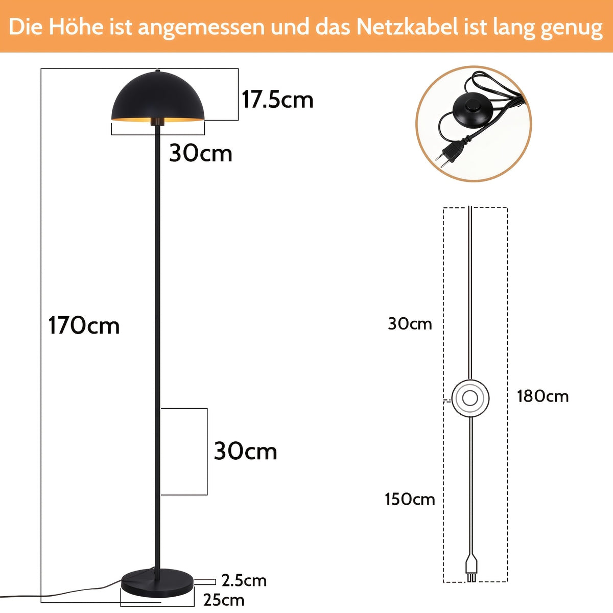 Lampadaire dôme noir à intérieur doré de 170 cm, douille E27