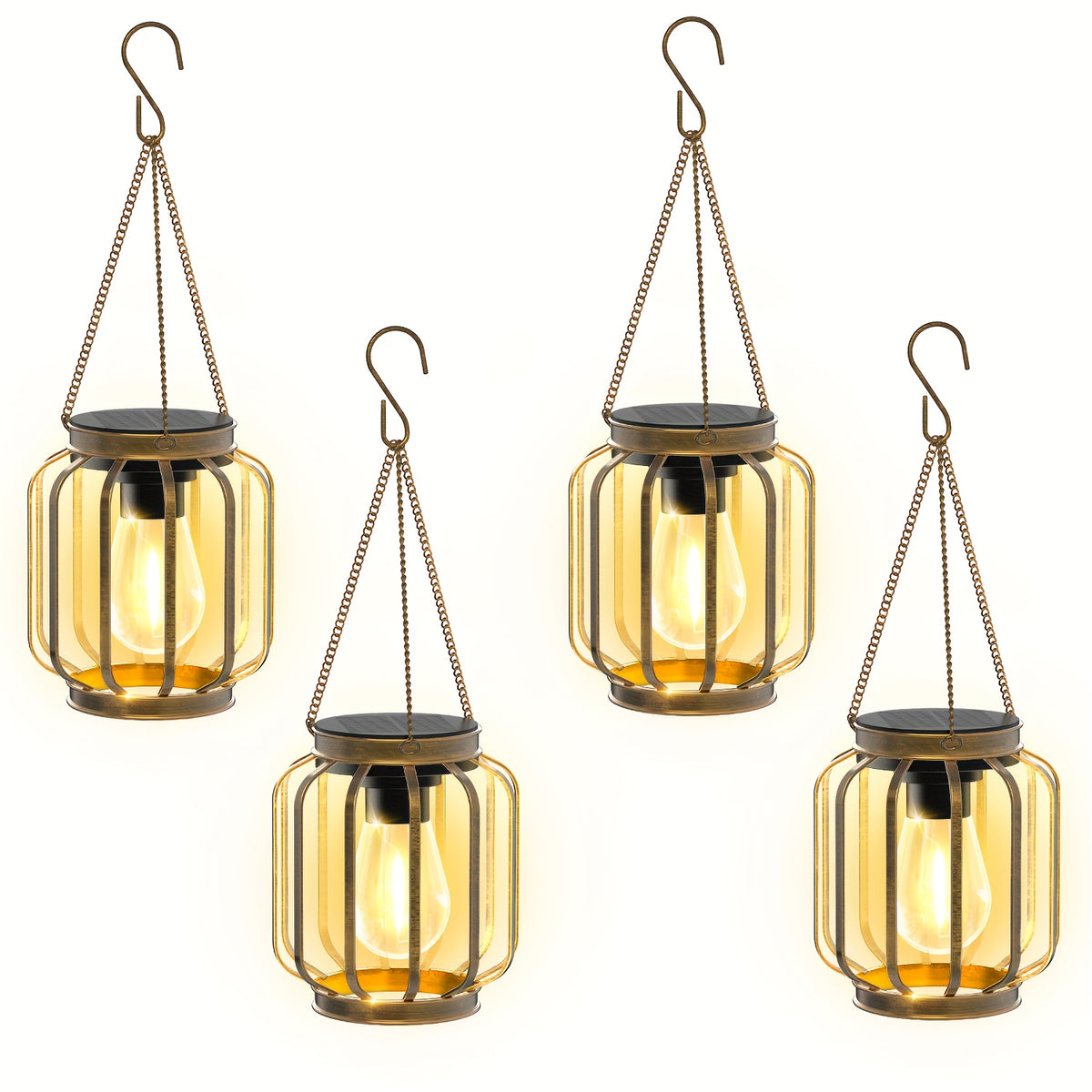 Lot de 2 ou 4 suspensions solaires cage dorée, filament LED