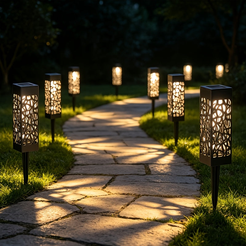 Lampe solaire de jardin carrée ajourée, lot de 3 en blanc chaud