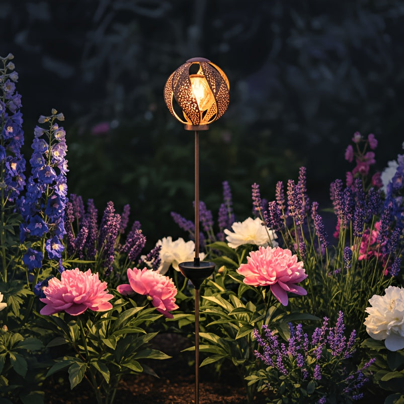 Lampe solaire de jardin boule marocaine en métal ajouré, 90 cm