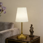 Lampe de chevet sans fil rétro, tige finition laiton et cône en tissu