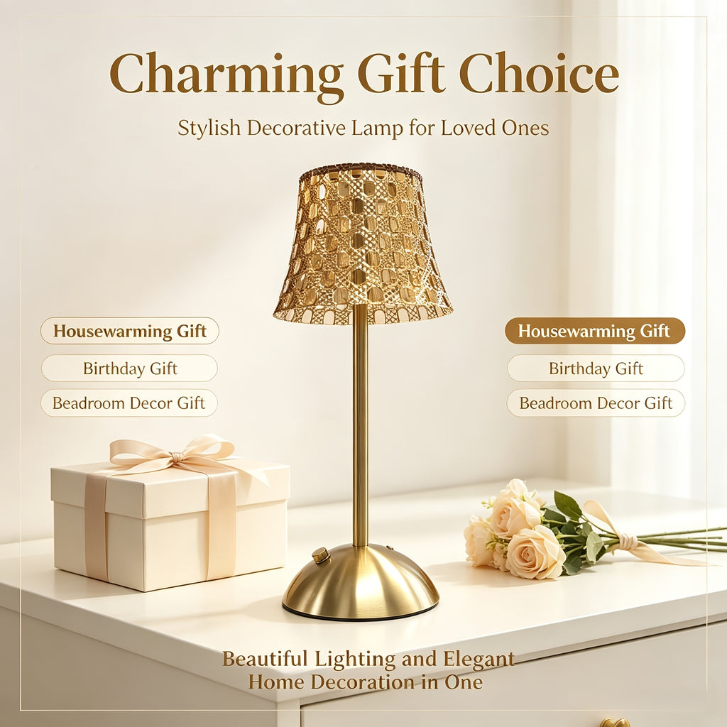 Lampe de chevet sans fil, abat-jour en grille dorée ajourée