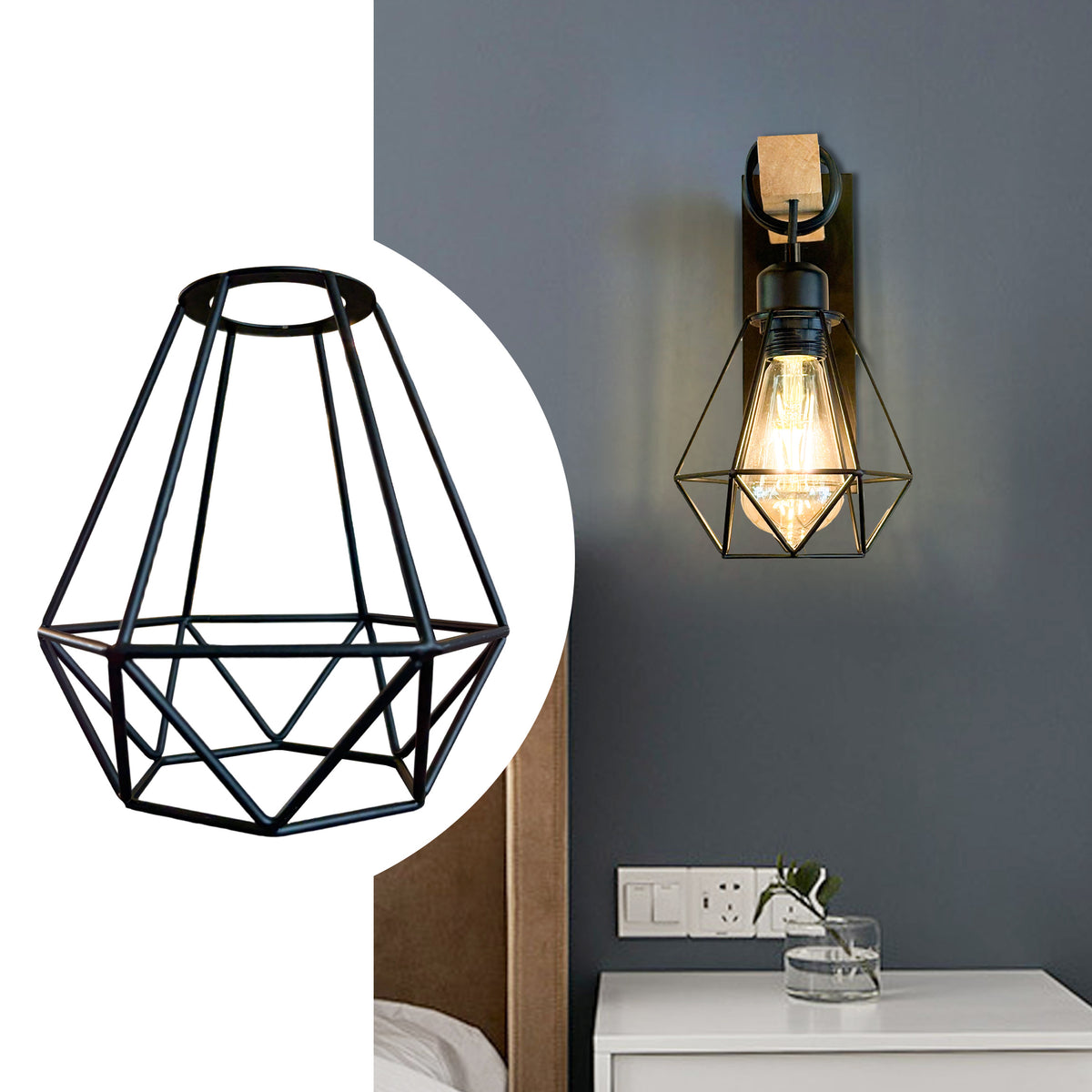 Abat-jour cage diamant en fer noir pour douille E27, lot de 2 ou 3