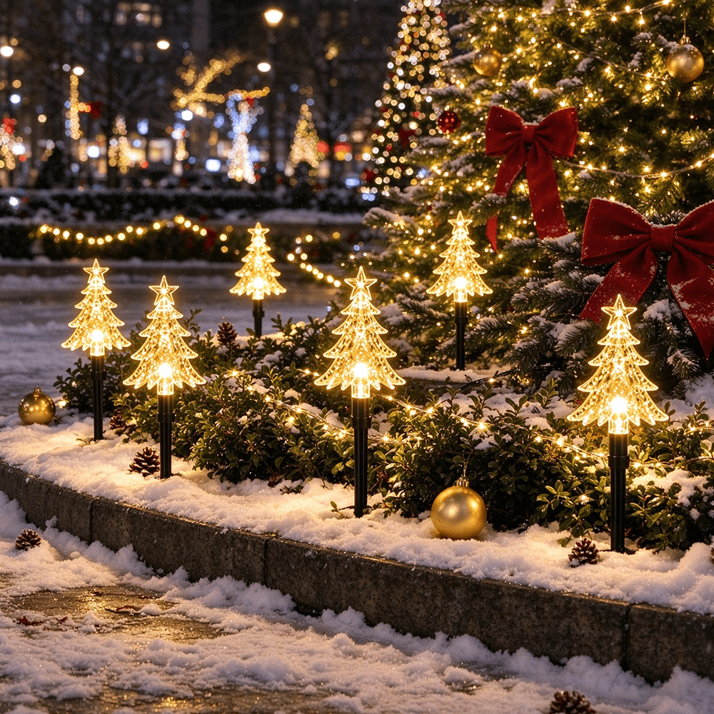 Lot de 10 sapins lumineux LED sur piquet, à piles, vert ou jaune