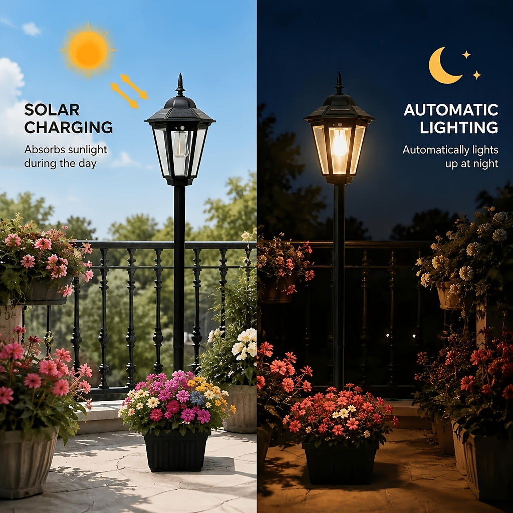 Lampadaire à filament solaire avec pot à fleurs, poteau de 146 cm