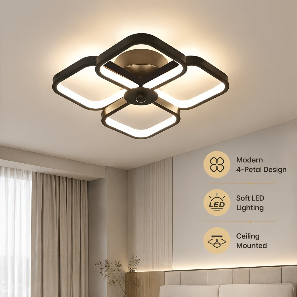 Plafonnier LED à quatre pétales carrés, 18 W, noir ou blanc, 33 cm