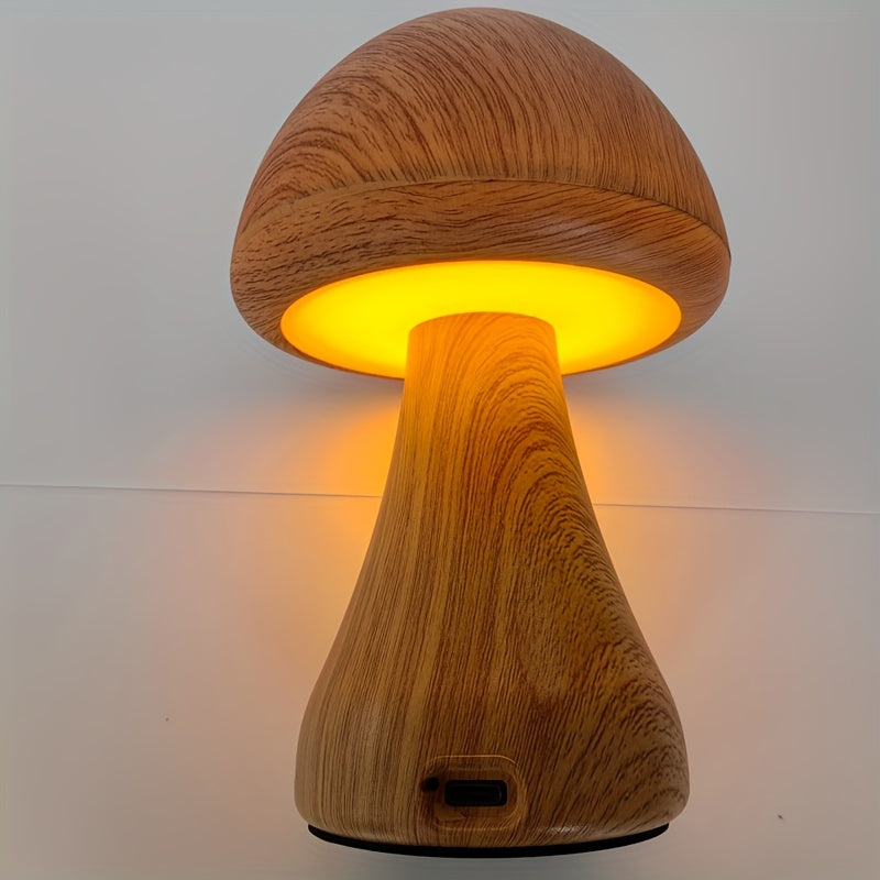 Lampe champignon effet bois, veilleuse tactile rechargeable 17 cm