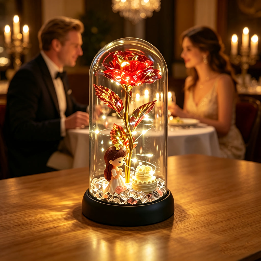 Lampe décorative rose sous cloche, guirlande LED et figurine