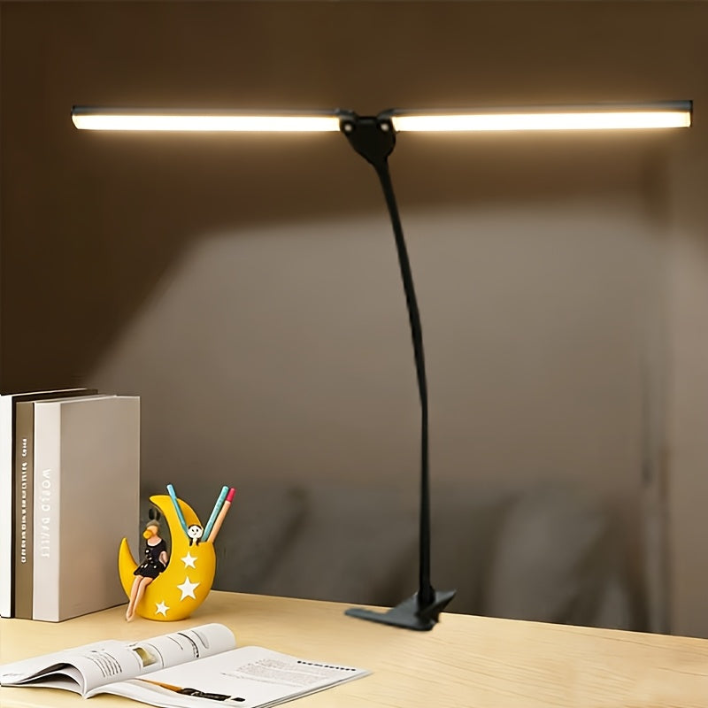 Lampe de bureau à pince double barre noire, interrupteur sur câble