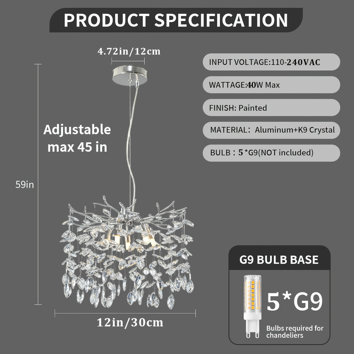 Lustre argenté à rameaux et pampilles de cristal, 5 lumières, Ø 30 cm