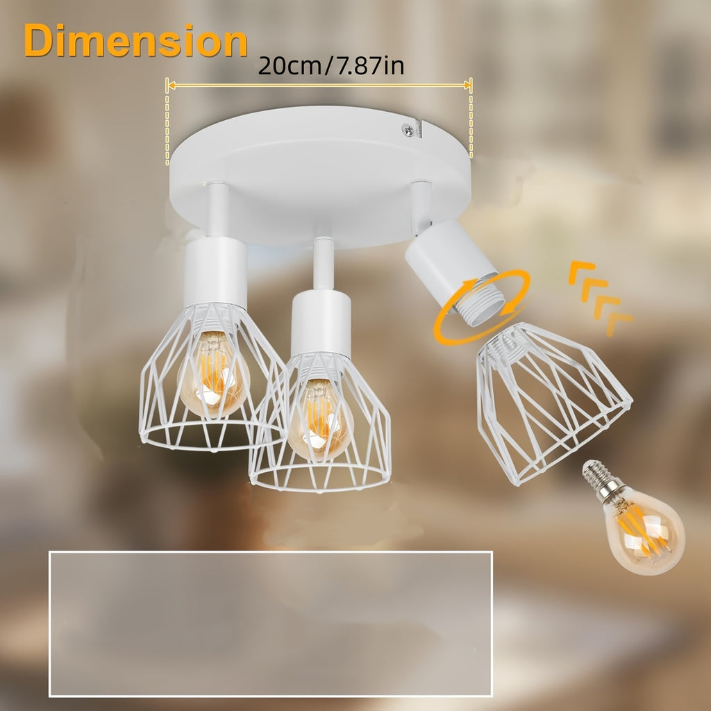 Plafonnier 3 cages blanches pivotantes sur platine ronde, E14