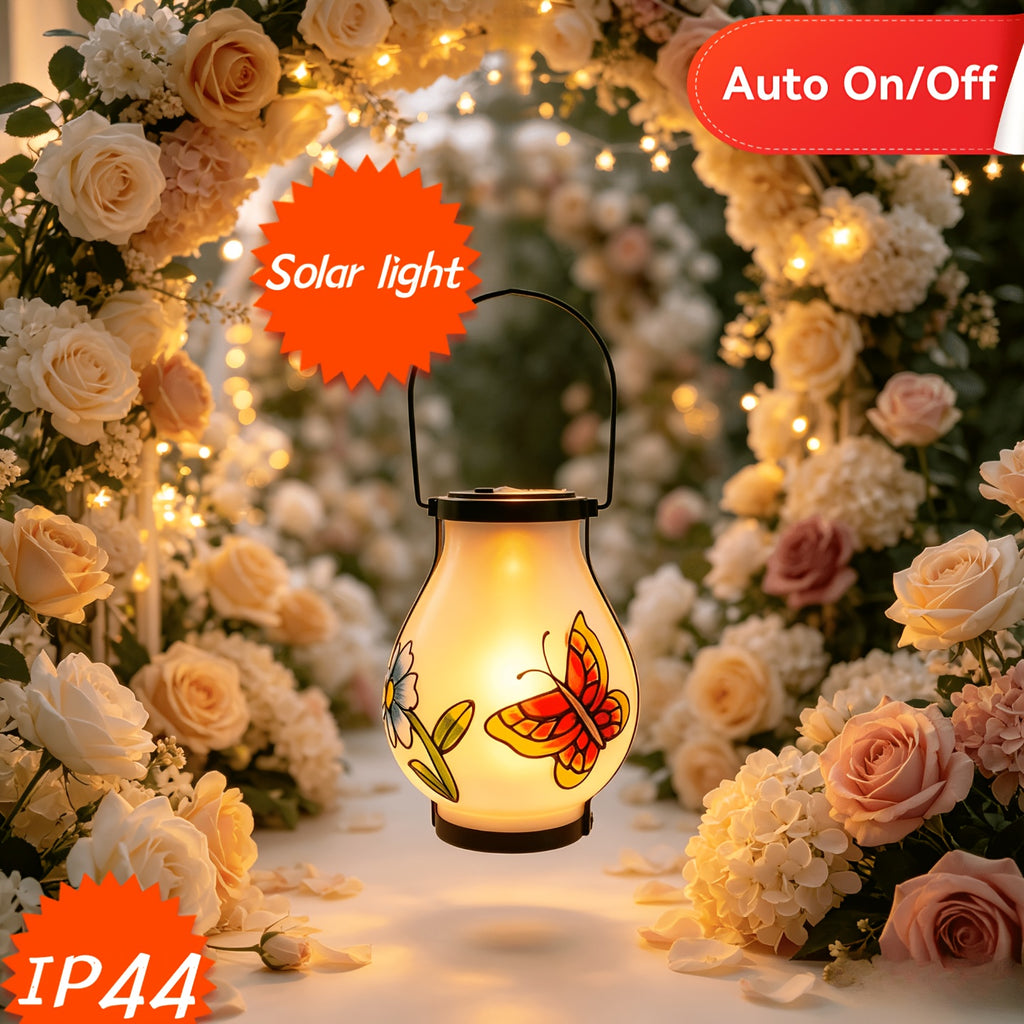 Lanterne solaire en verre dépoli à papillon peint, effet flamme