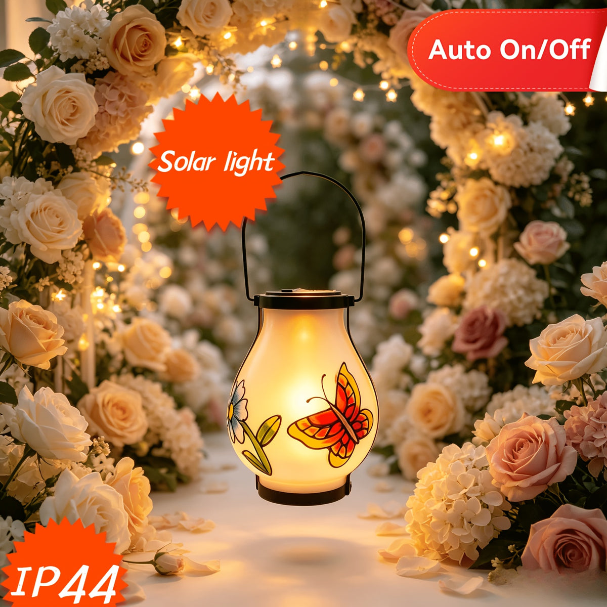 Lanterne solaire en verre dépoli à papillon peint, effet flamme