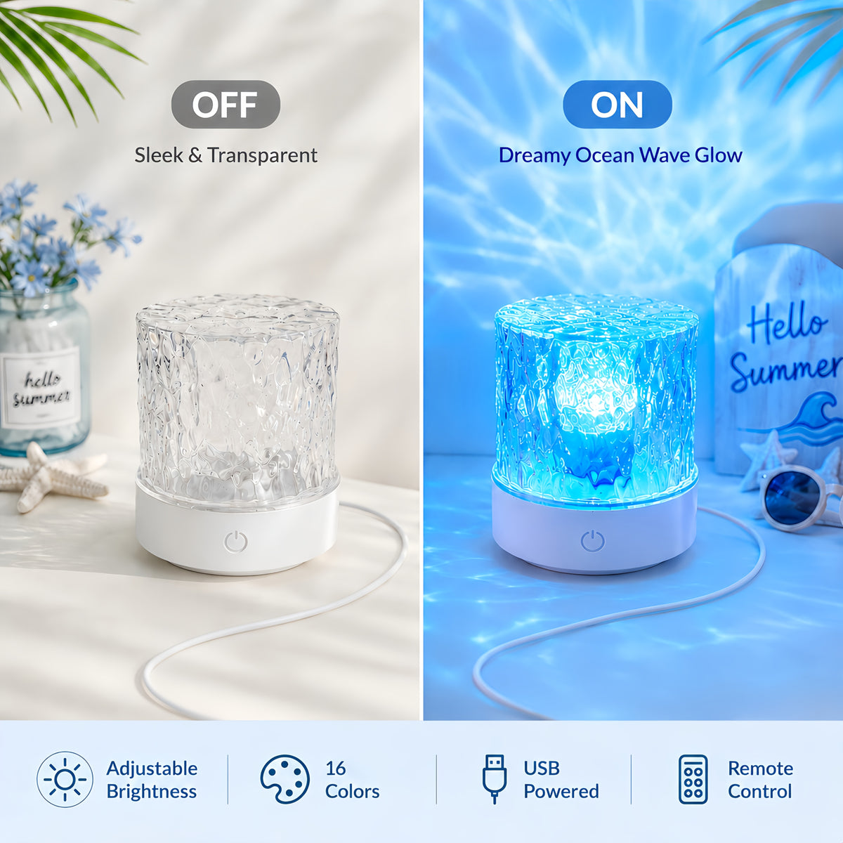 Lampe d'ambiance à reflets d'eau, cylindre ciselé et télécommande