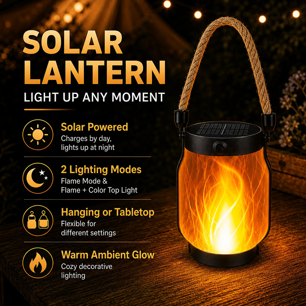 Lanterne solaire à flamme rechargeable en USB-C, anse en corde