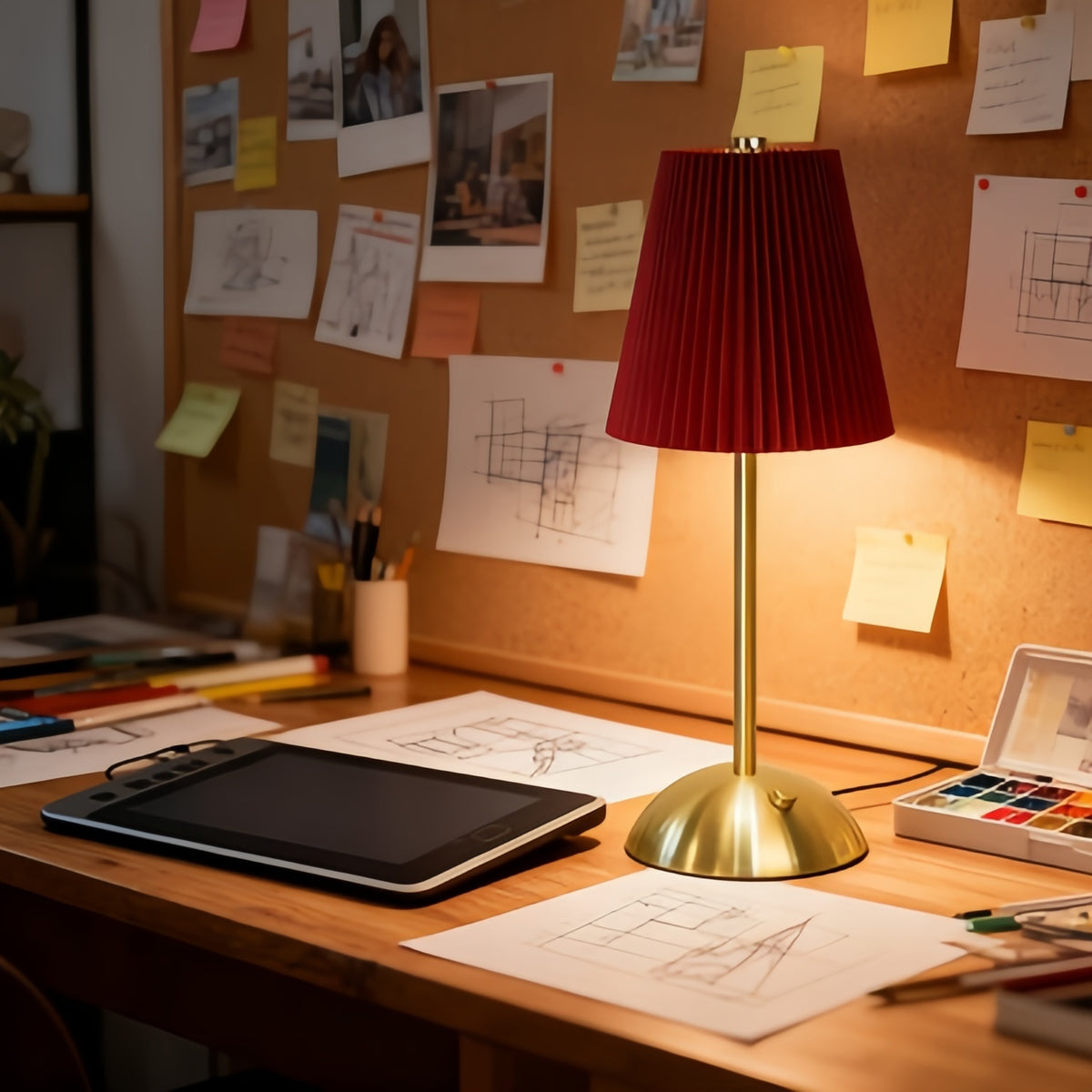 Lampe de chevet sans fil rouge, abat-jour plissé et pied doré
