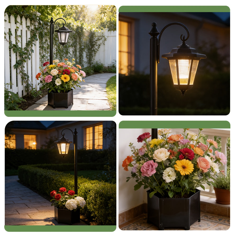 Lampadaire solaire 85 cm à jardinière hexagonale et lanterne suspendue