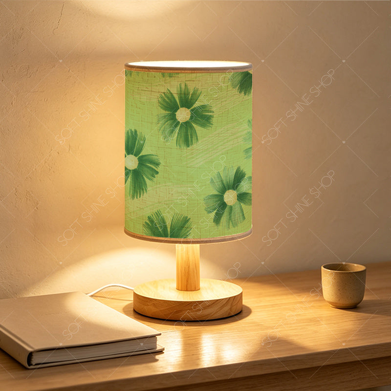 Petite lampe de chevet USB à marguerites vertes, abat-jour tissu