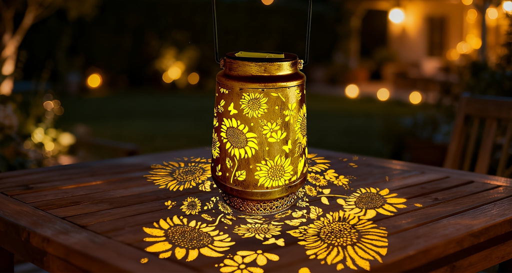 Lanterne solaire ajourée de tournesols, projection de motifs au sol