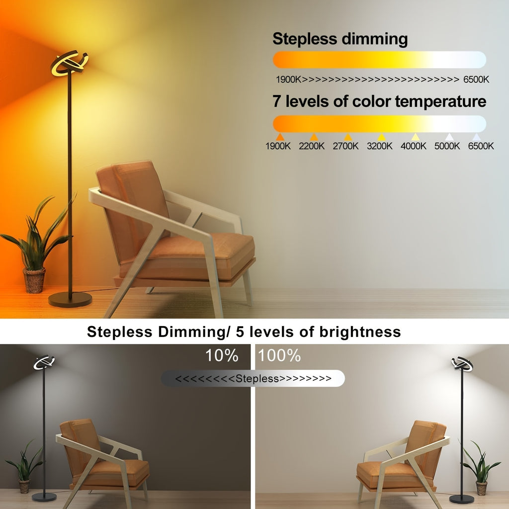 Lampadaire noir à anneaux LED rotatifs 36 W, réglable en continu