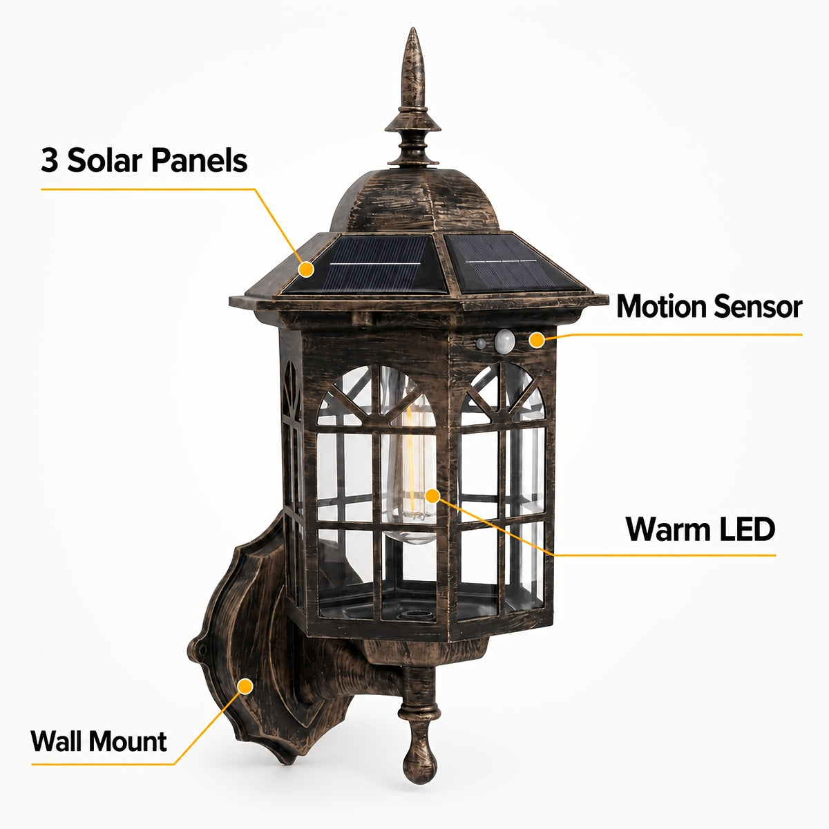 Applique solaire lanterne bronze antique à détecteur, IP65
