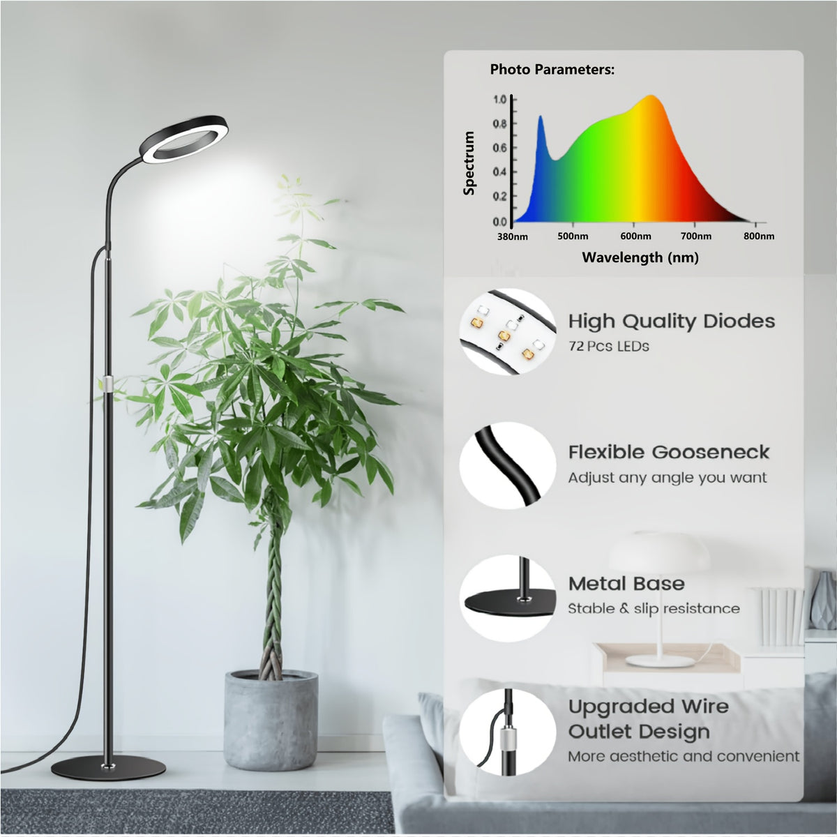 Lampadaire de croissance LED pour plantes à anneau unique, noir