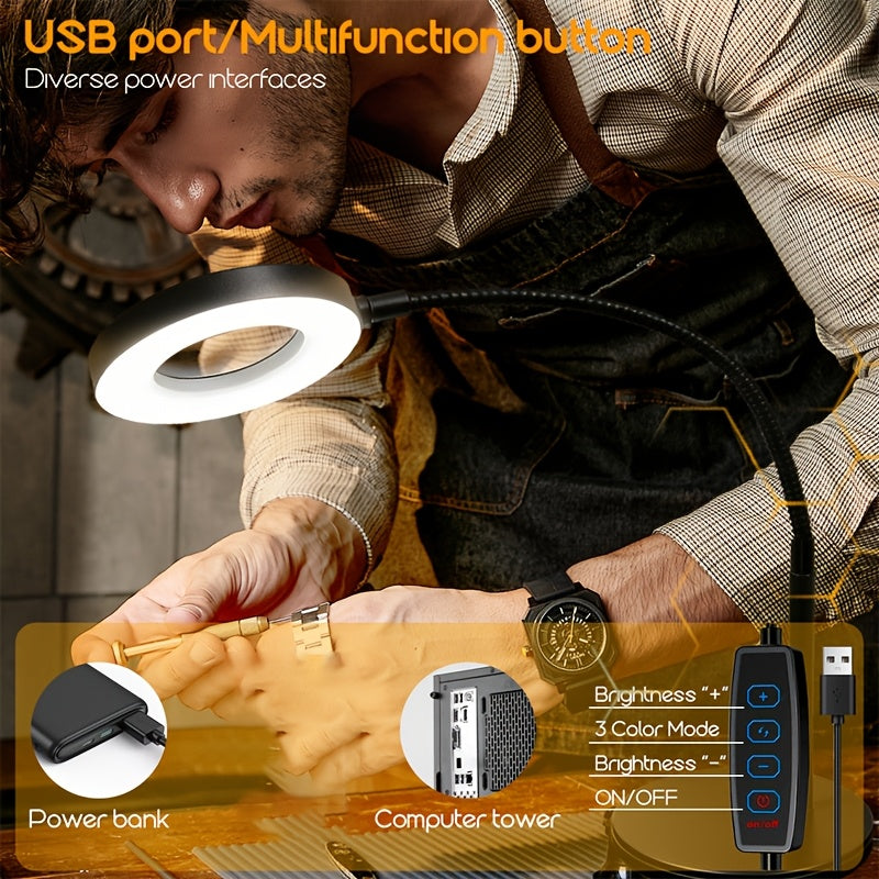 Lampe de bureau LED à loupe x5 et col de cygne, 3 teintes USB