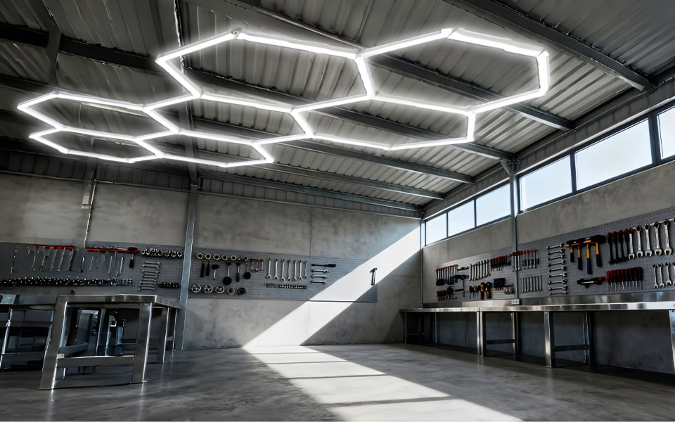 Plafonnier LED hexagonal en kit pour garage ou atelier, 24 à 68 tubes