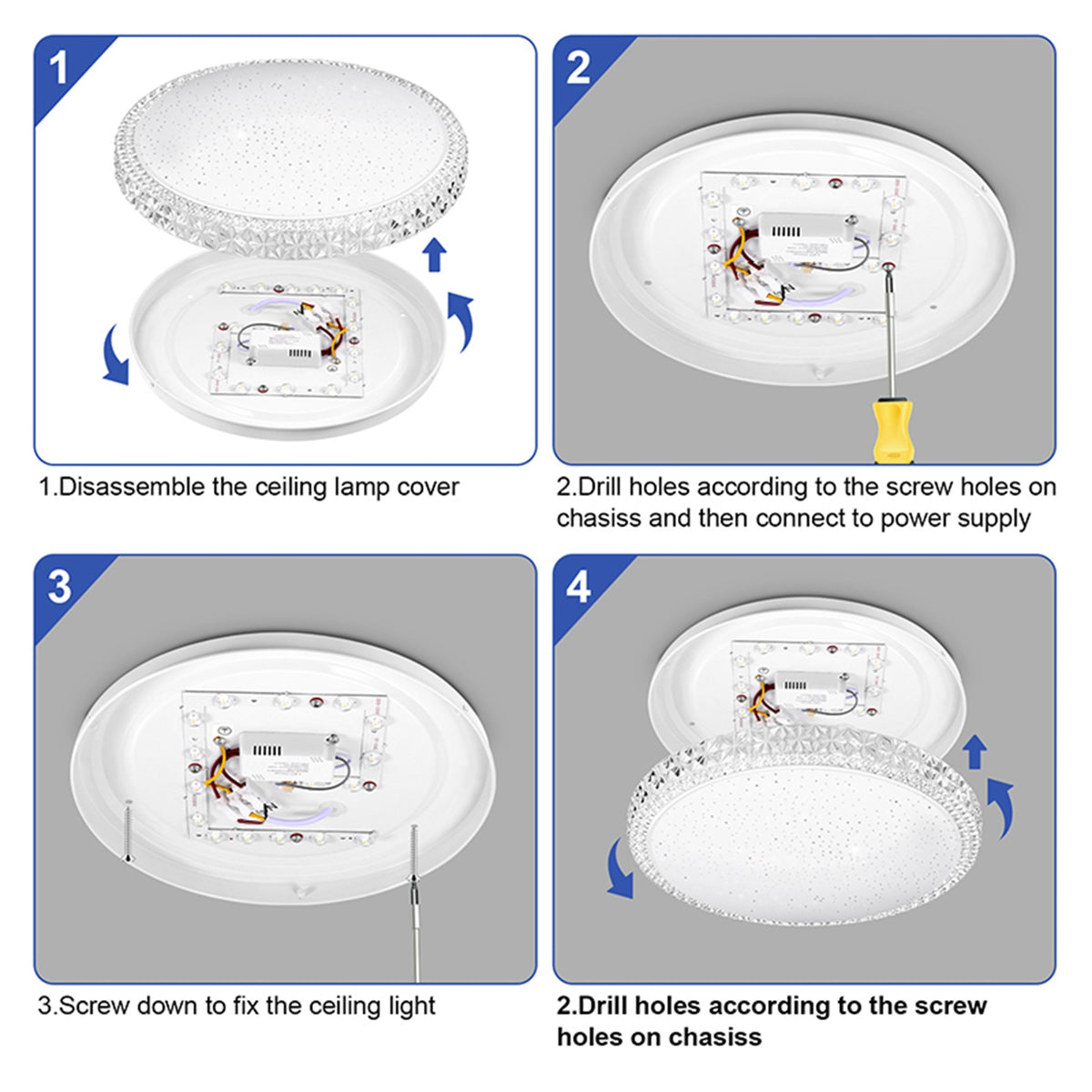 Lot de 2 plafonniers LED ronds effet cristal, Ø 33 cm, 24 W